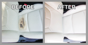 Repair of Car Seat from Chemical Damage - Premier Leather Restoration Before and After Client Results